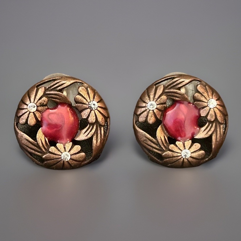 Red Cabochon Copper Stud Earrings Vintage Style Round Floral Rhinestone Retro